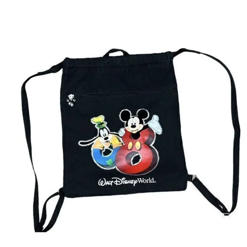WALT DISNEY WORLD 2008 Drawstring Back Pack Tote Beach Bag Purse Black Tote‎